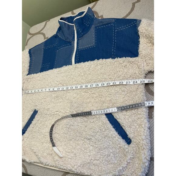 Haptics Good Vibes Denim & Ivory Patchwork Sherpa Half Zip pullover, size large - Picture 8 of 12